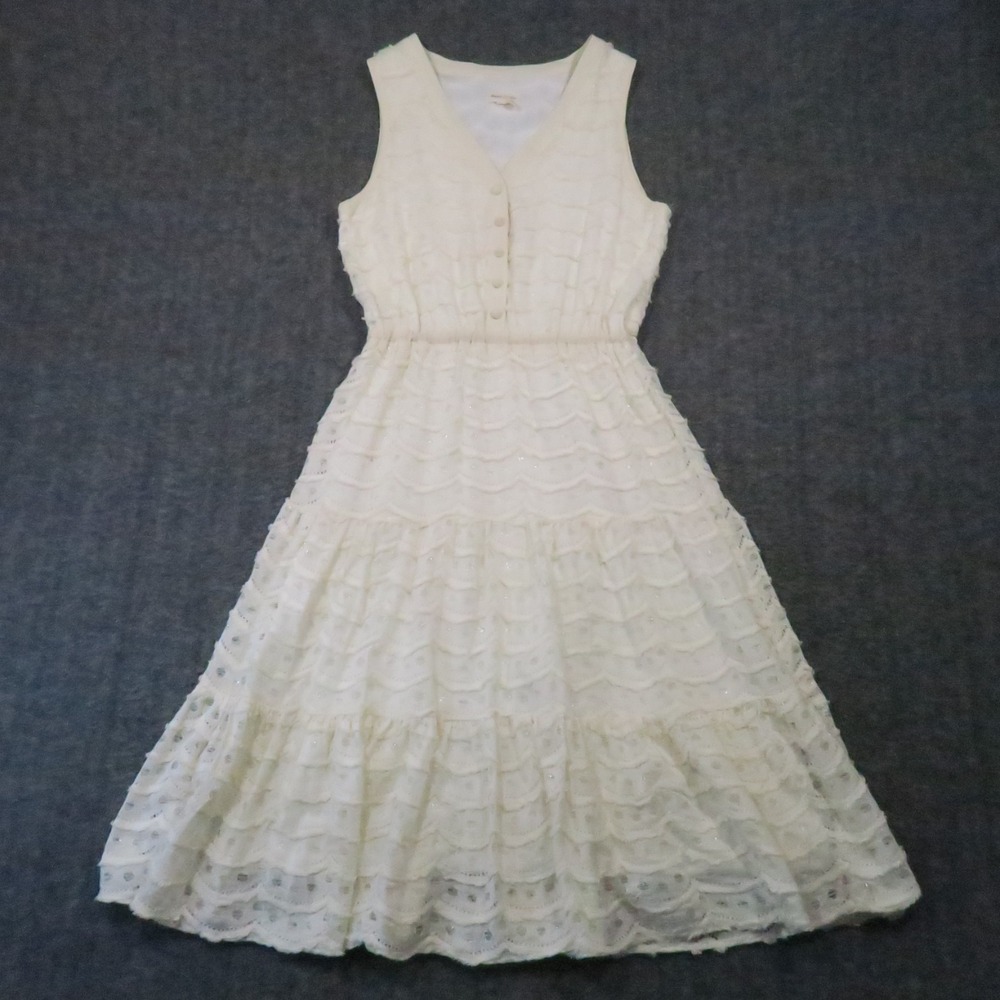 Meadow Rue Lace Tiered Midi Dress M Ivory Button Romantic Boho Cottagecore Sweet - Picture 2 of 10